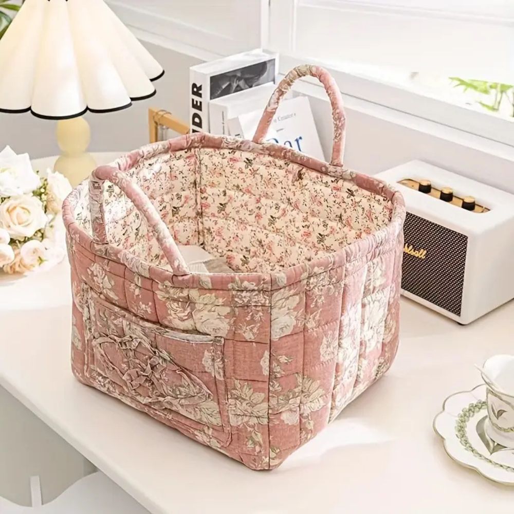 BloomNest – Vintage Floral Storage Basket
