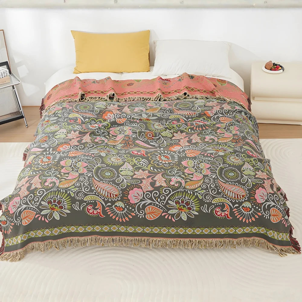Aurelia Boho Blanket - Reversible Cotton Gauze, Floral Design 1