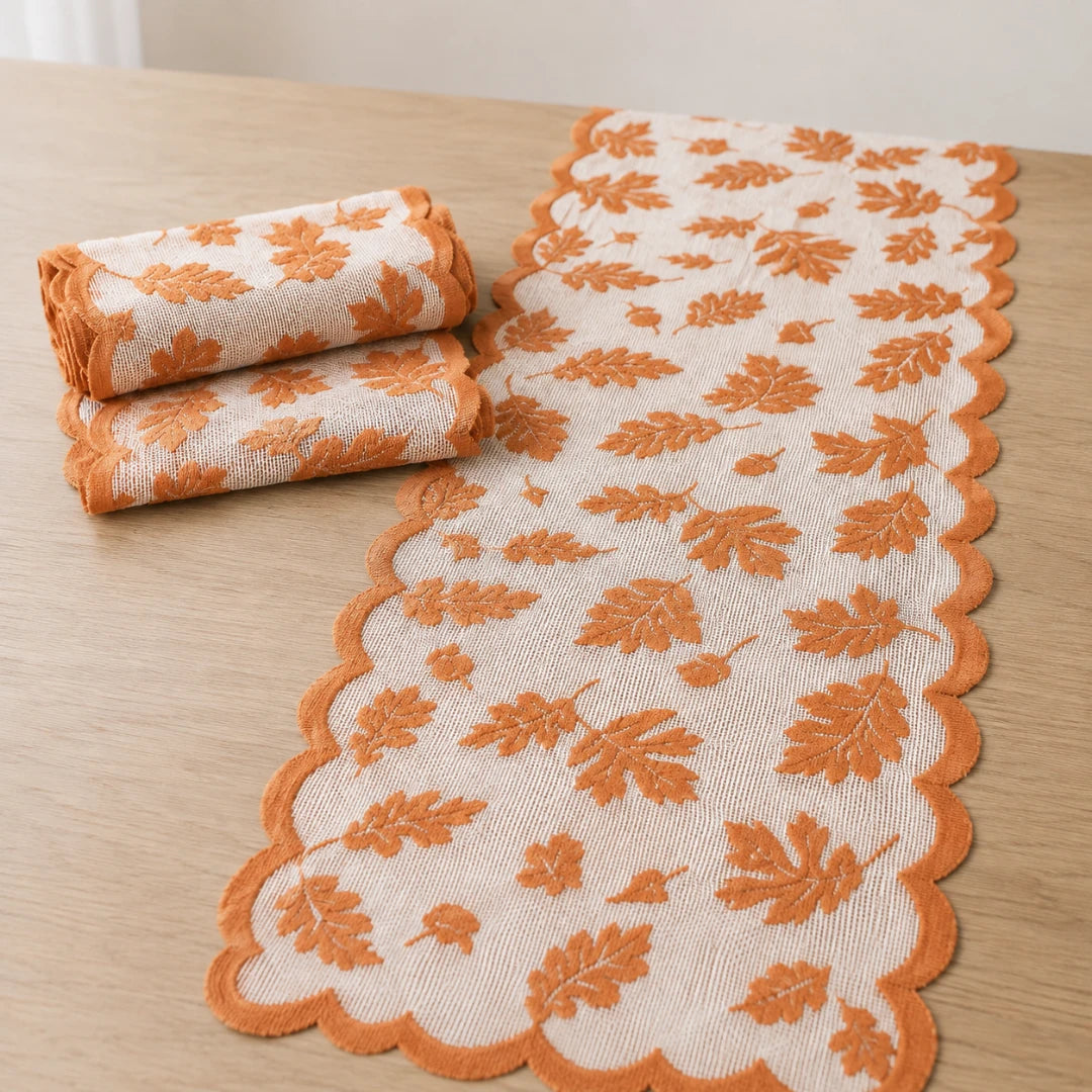 Aurelia Fall Table Runner - Polyester Lace, Rust Red with Leaf Design 4