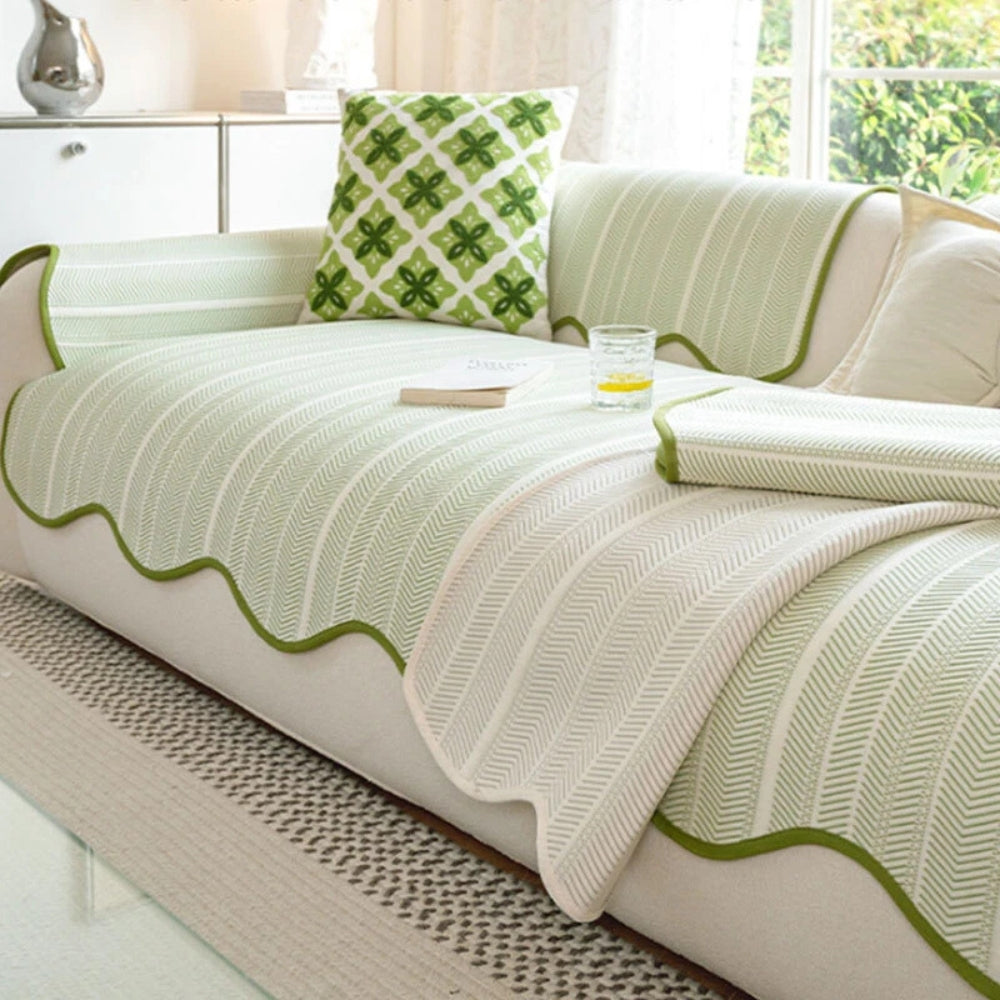 Aurelia Sofa Cover - Soft Microfiber, Herringbone Pattern, Scalloped Edge 4