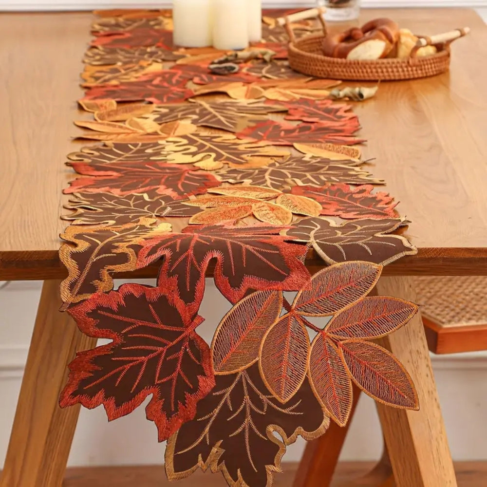 Aurelia Table Runner - Embroidered Autumn Leaves, Woven Microfiber 0