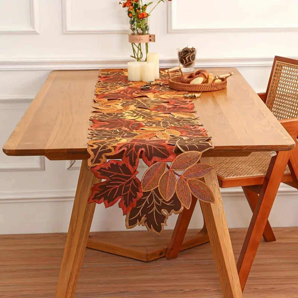 Aurelia Table Runner - Embroidered Autumn Leaves, Woven Microfiber 1