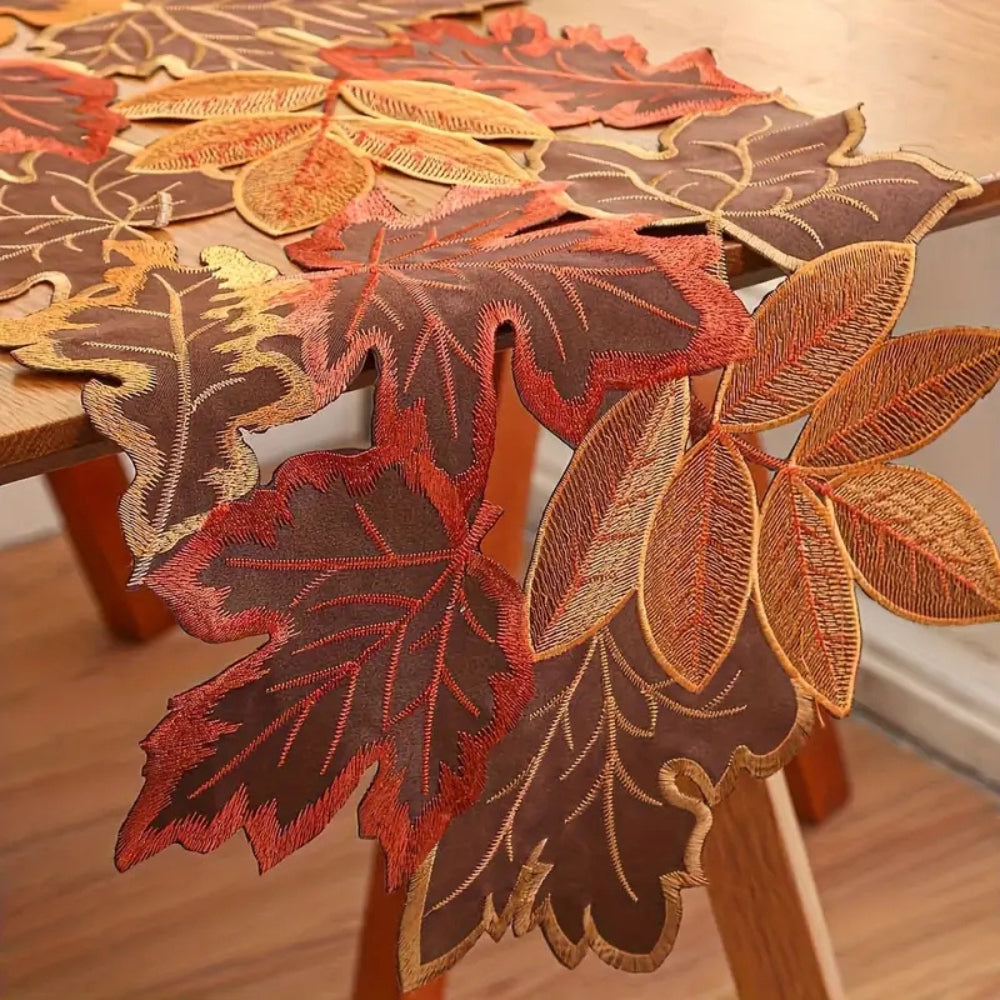 Aurelia Table Runner - Embroidered Autumn Leaves, Woven Microfiber 2