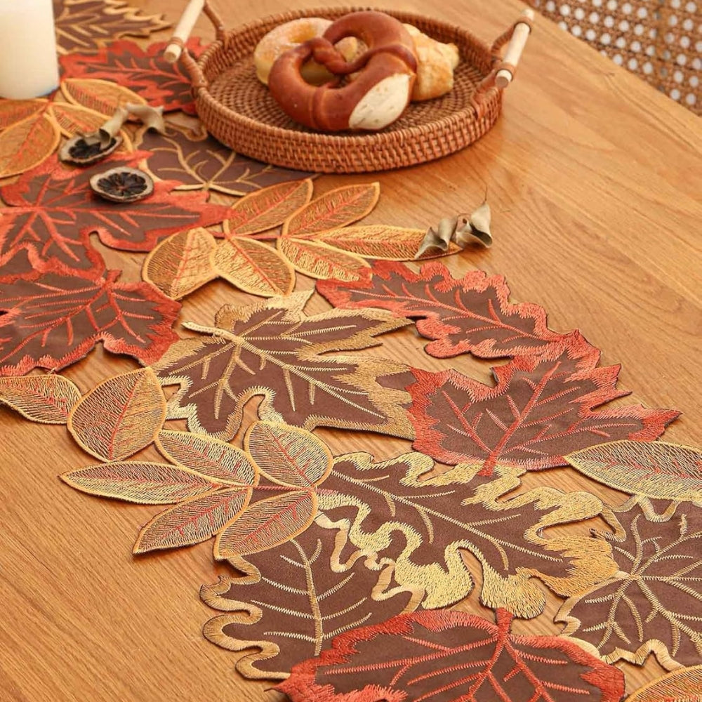 Aurelia Table Runner - Embroidered Autumn Leaves, Woven Microfiber 3
