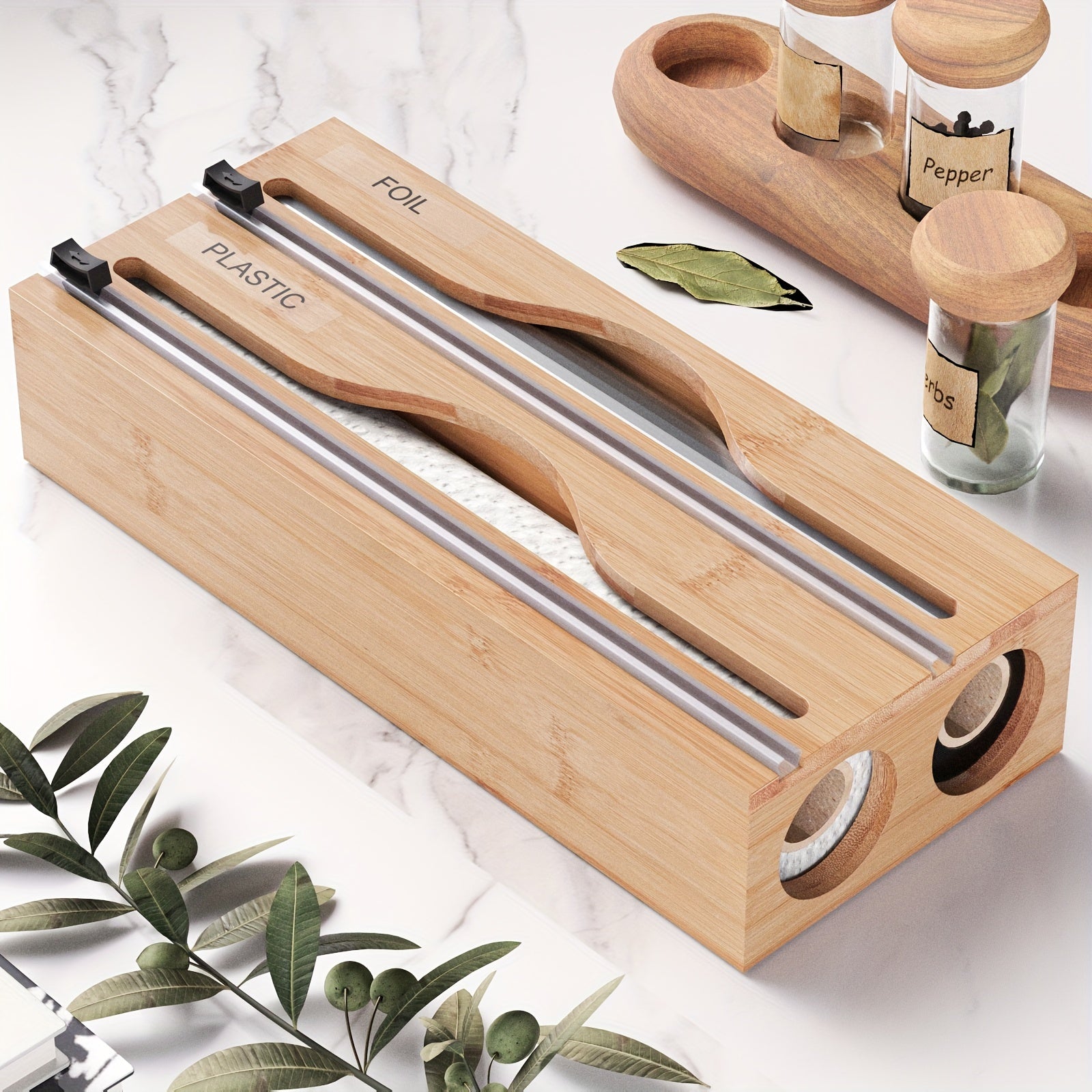 Bexley Foil Dispenser - Bamboo 2-in-1 Cutter Organizer 2