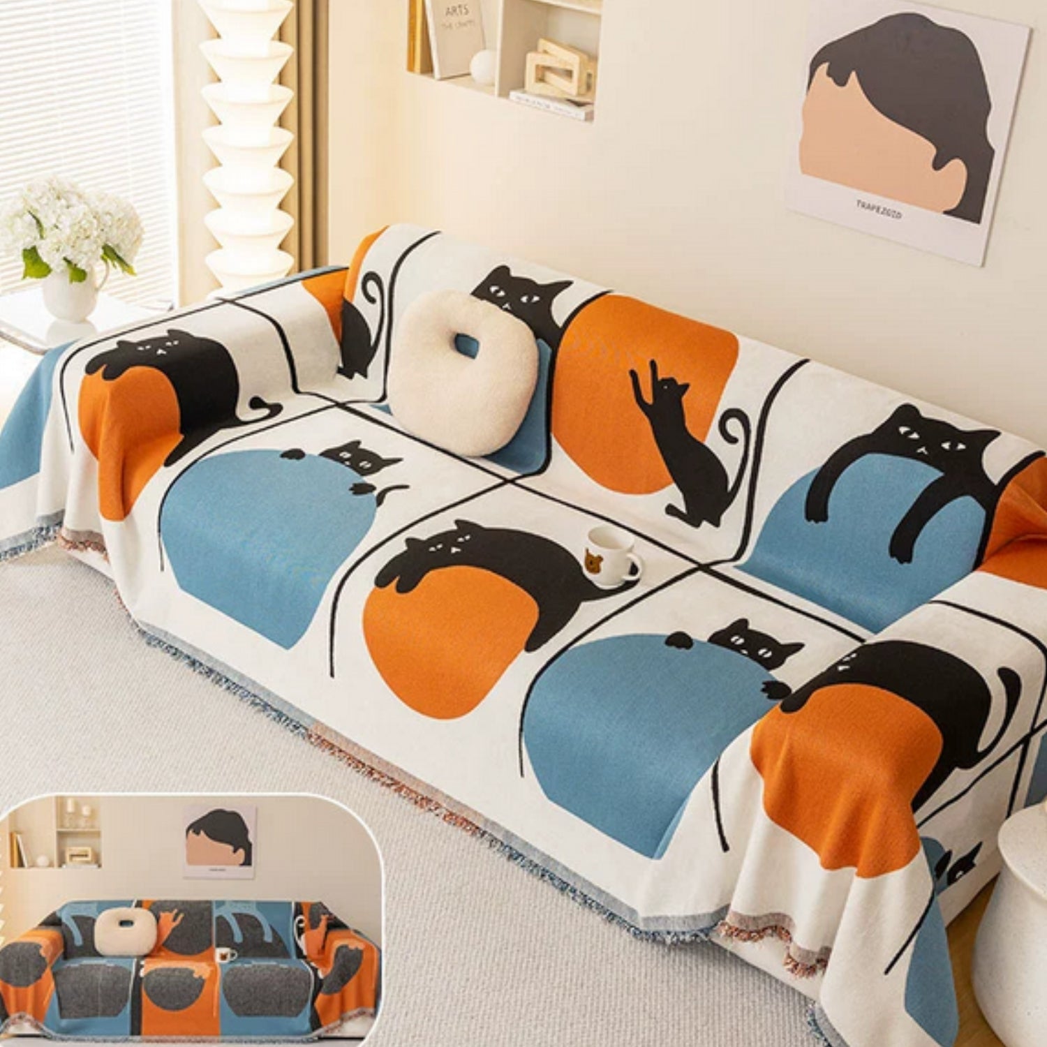 Breezy Sofa Cover - Chenille, Cat Print, Multi-Use 1