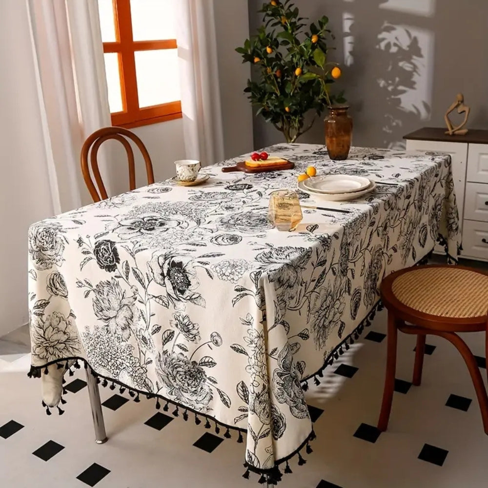 Brielle Custom Tablecloth - Cotton Polyester Blend, Floral Tassels 2