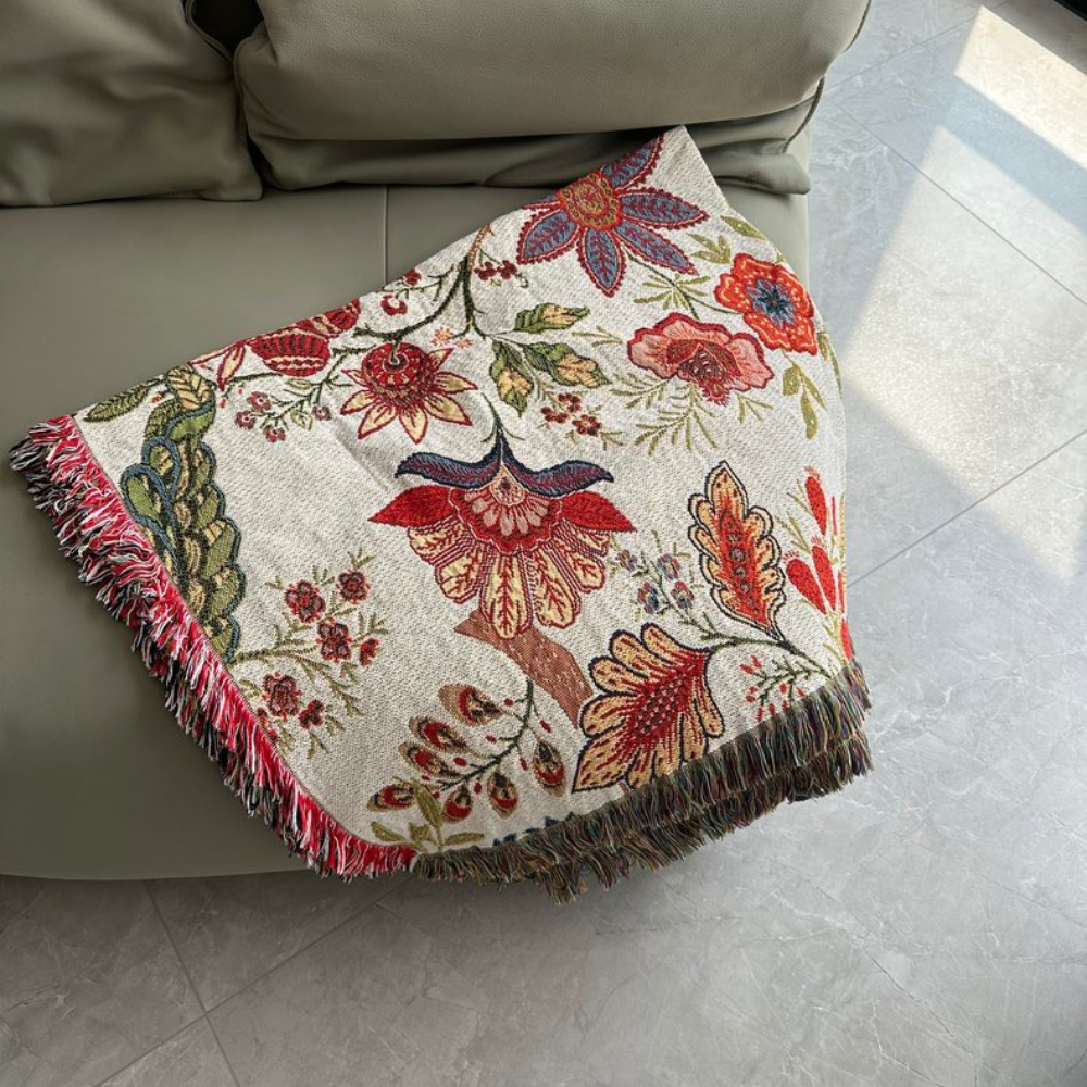Carmen Floral Throw Blanket - Soft Polyester Cotton Blend, Rustic Tassels 3