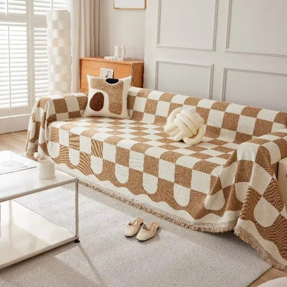 Chic Tasseled Sofa Cover - Cotton-Microfiber Blend, Checkered Design 1
