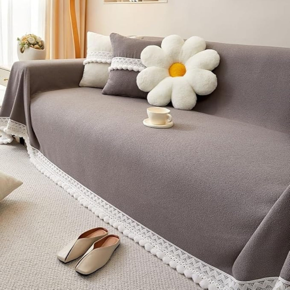 Cleo Sofa Cover - Chenille with Lace Edge, Non-Slip Protection 0
