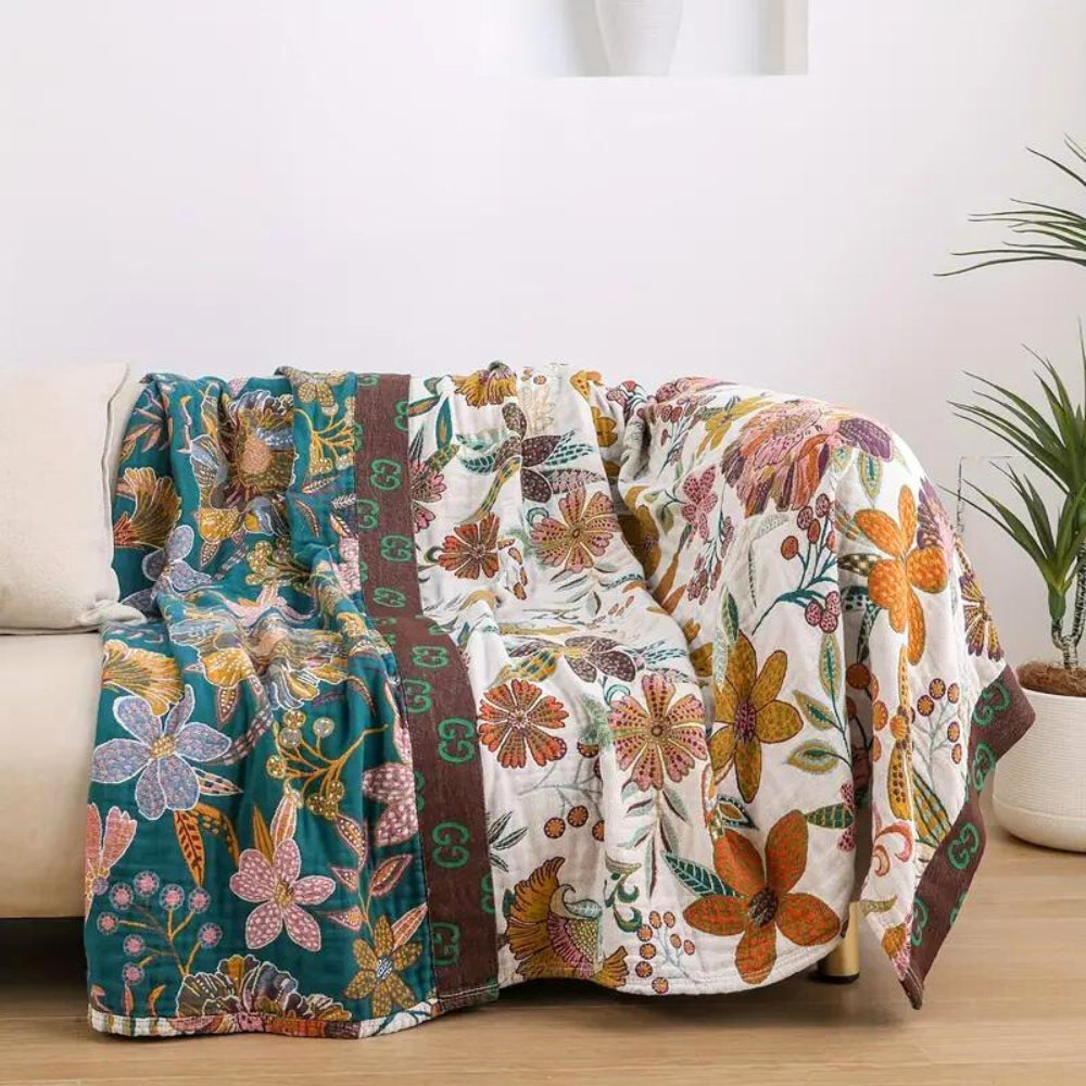 Cora Blanket Throw - 100% Cotton, Reversible Floral Design 1