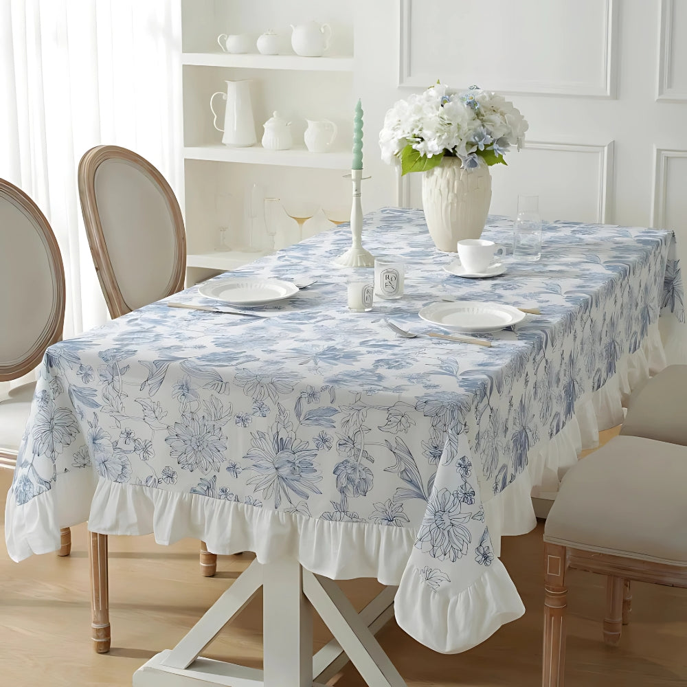 Delfina Lace Tablecloth - Blue Floral Cotton, Ruffled Edges 0