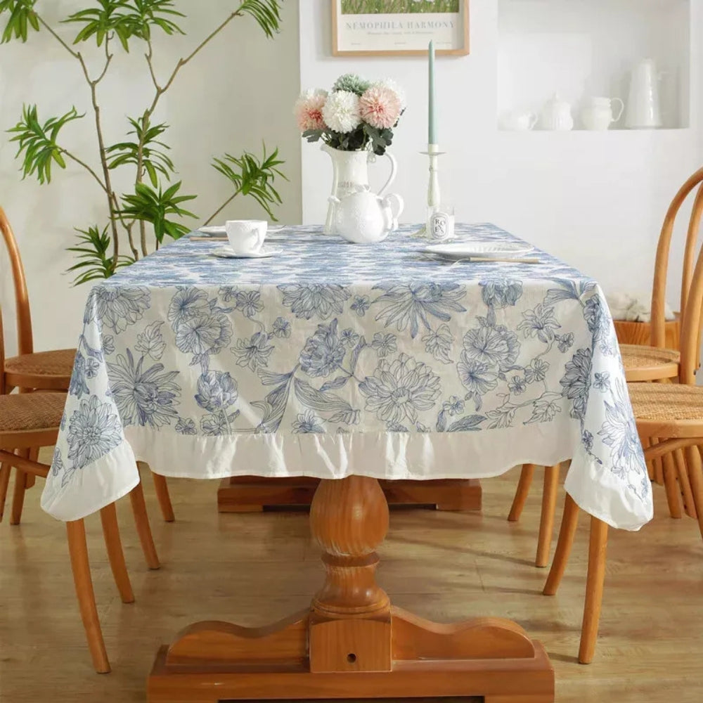 Delfina Lace Tablecloth - Blue Floral Cotton, Ruffled Edges 1
