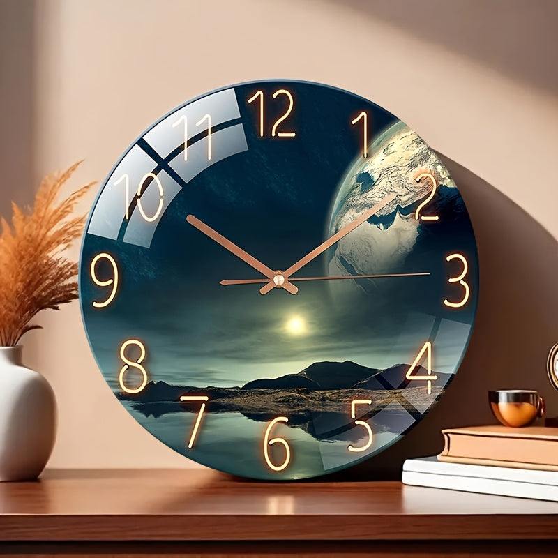 Elios Modern Wall Clock - Tempered Glass, Earth Landscape Design 1