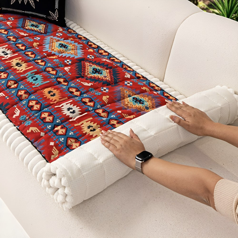 Elysian Couch Cover - Quilted Microfiber, Ethnic Design, Non-Slip 2