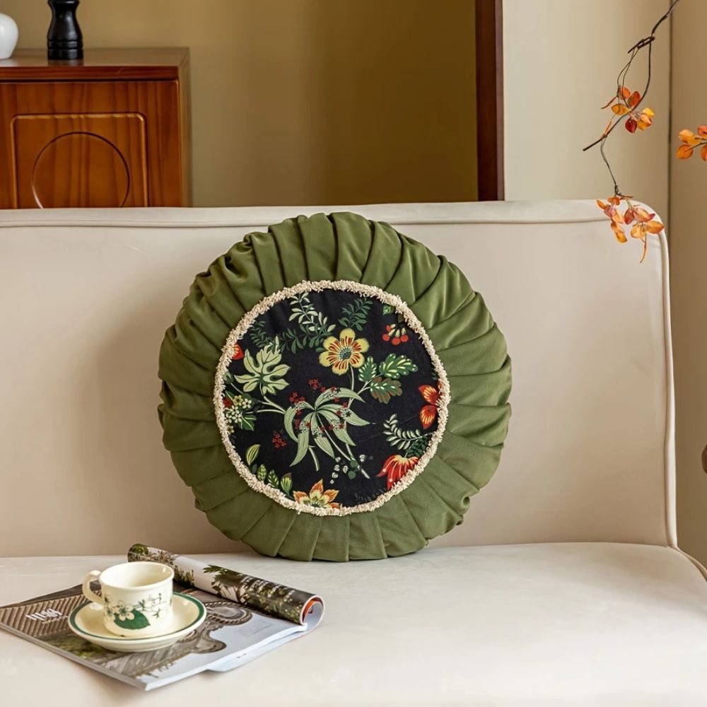 Fiora Round Cushion - Microfiber Velvet, Floral Design 0