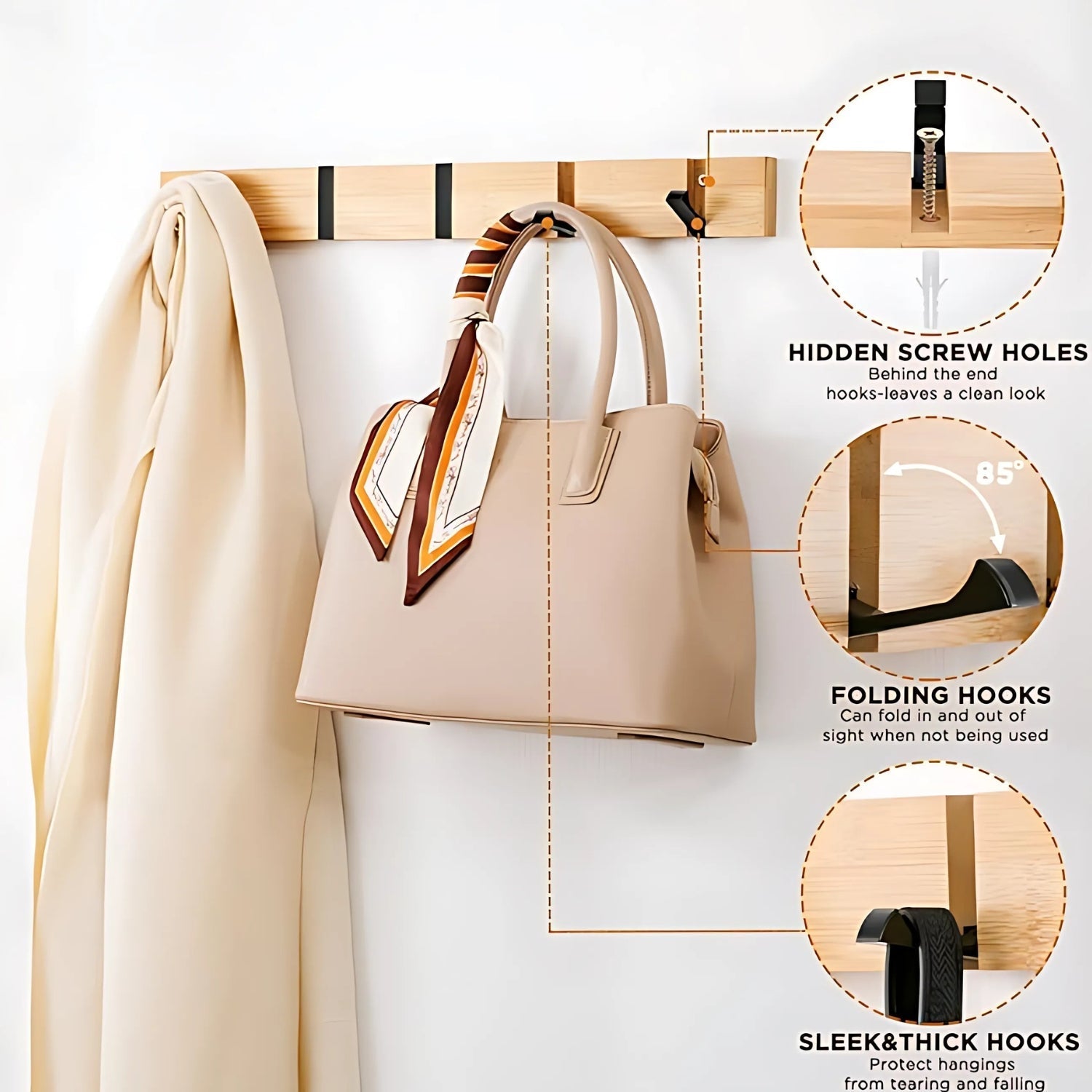 Fiora Wall Hook Rack - Natural Bamboo, Space-Saving Coat Hooks for Wall 3