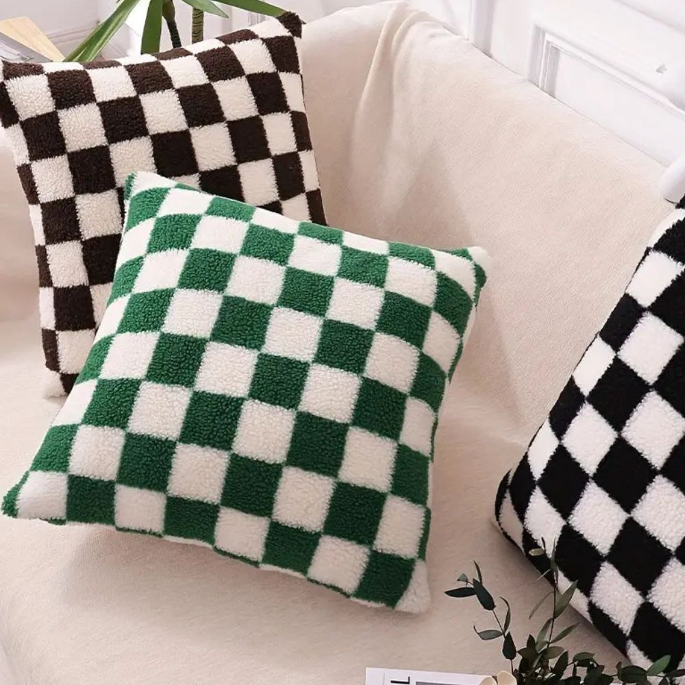 Flora Cushion Cover - Plush Faux Fur, Checkered Design for Sofa 1