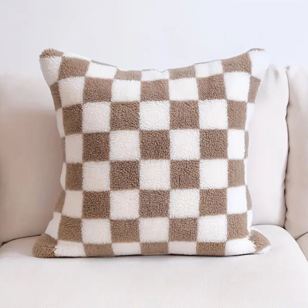 Flora Cushion Cover - Plush Faux Fur, Checkered Design for Sofa 7