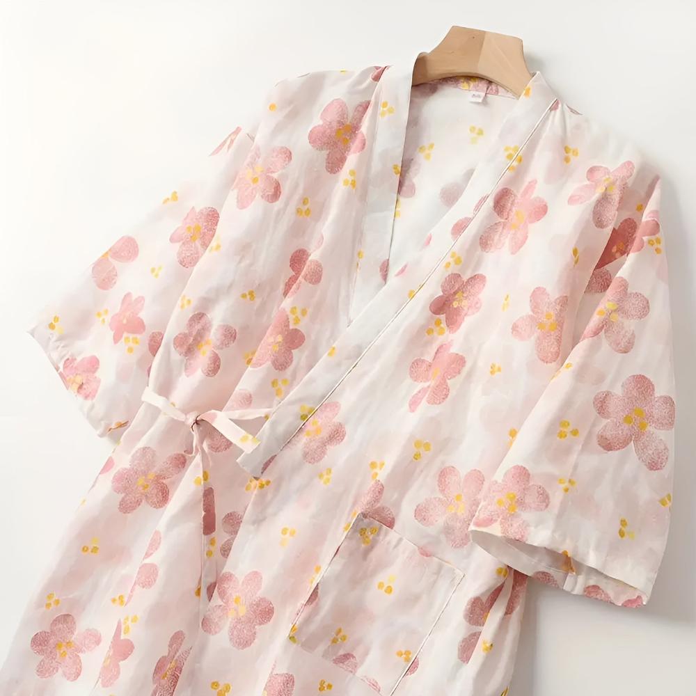 Flora Yukata Bathrobe - Cotton, Adjustable Fit 3
