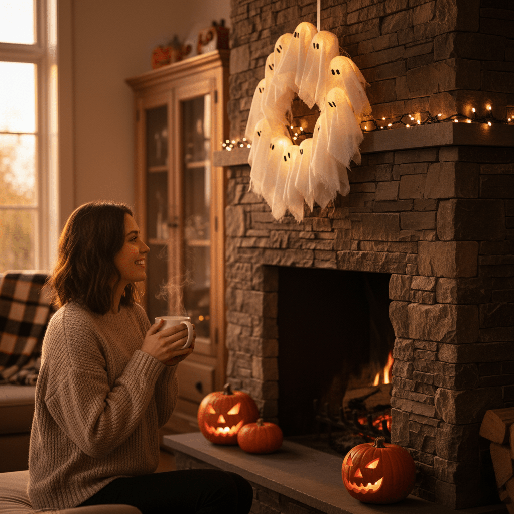 Frostwick Halloween Wreath - Fabric LED Decoration, Spooky Ambiance 1