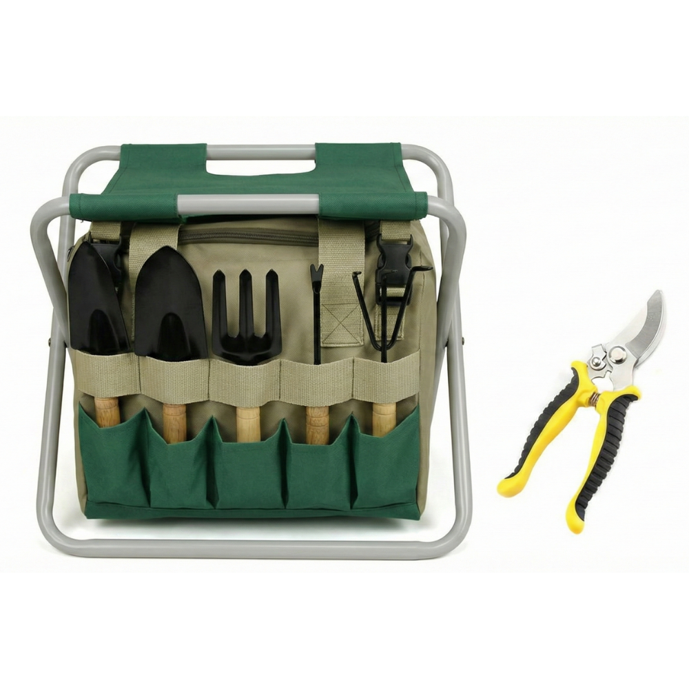 Garnet Gardening Tools Set - 6-Piece Compact with Folding Stool and Carrying Bag 3