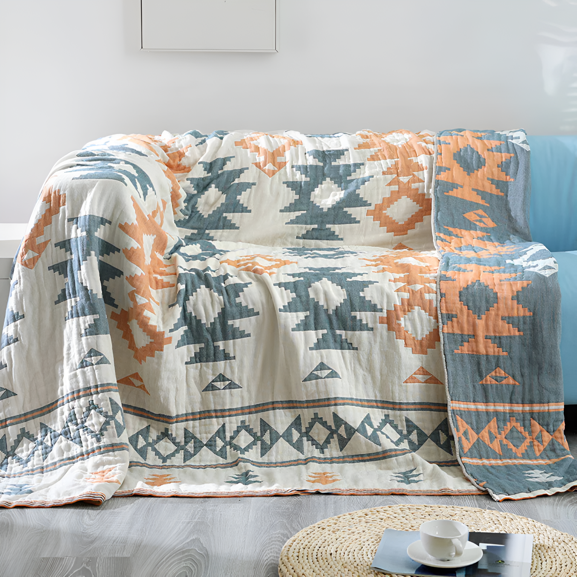 Gema Reversible Blanket - 100% Cotton, Geometric & Solid Color 0