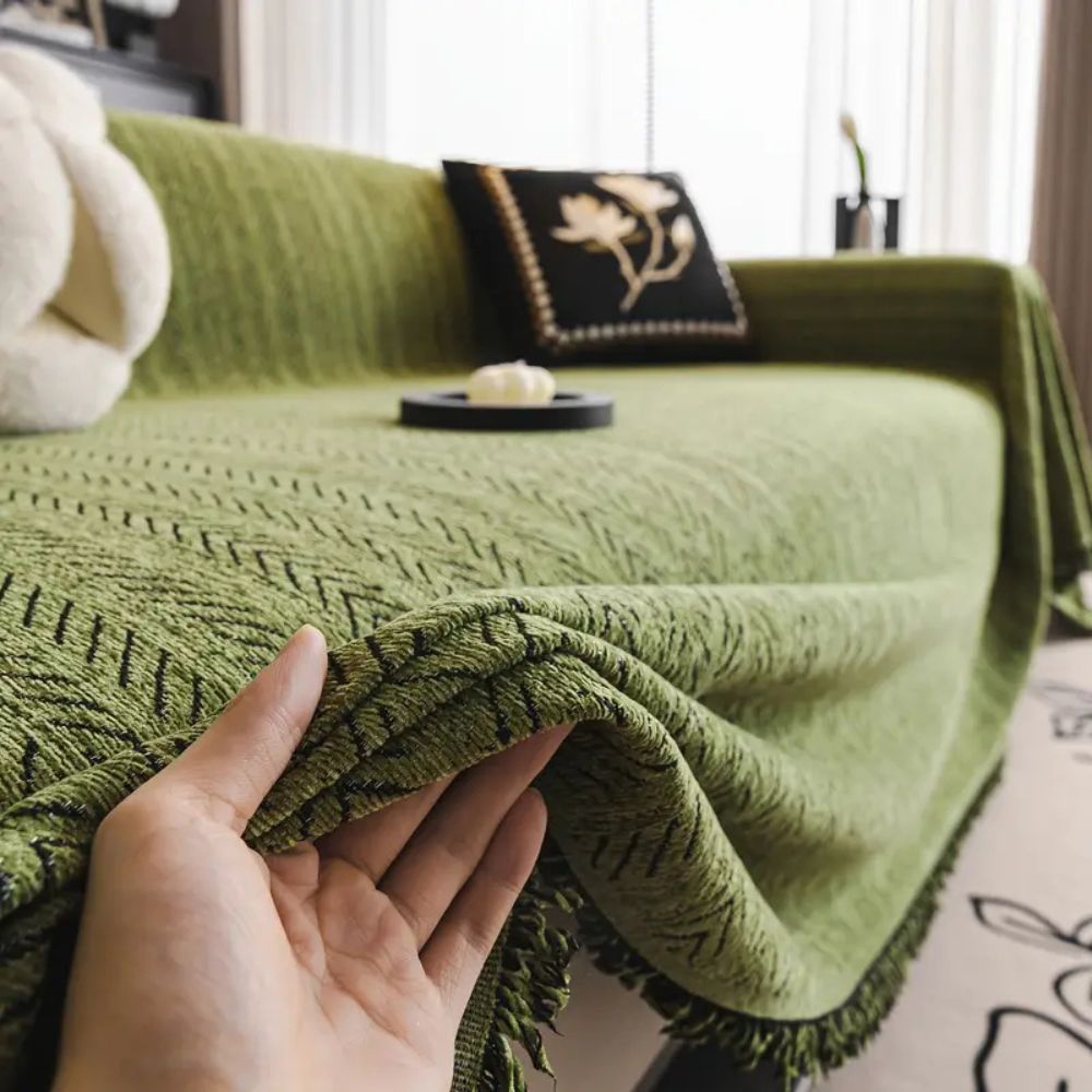 HerriLuxe Cover - Couch Cover - Herringbone Style - Chenille Tassel Comfort