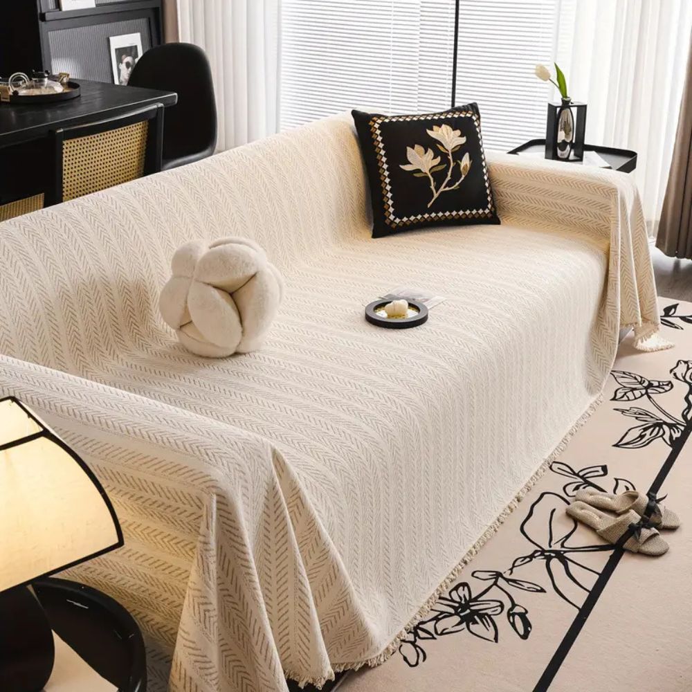 HerriLuxe Cover - Couch Cover - Herringbone Style - Chenille Tassel Comfort