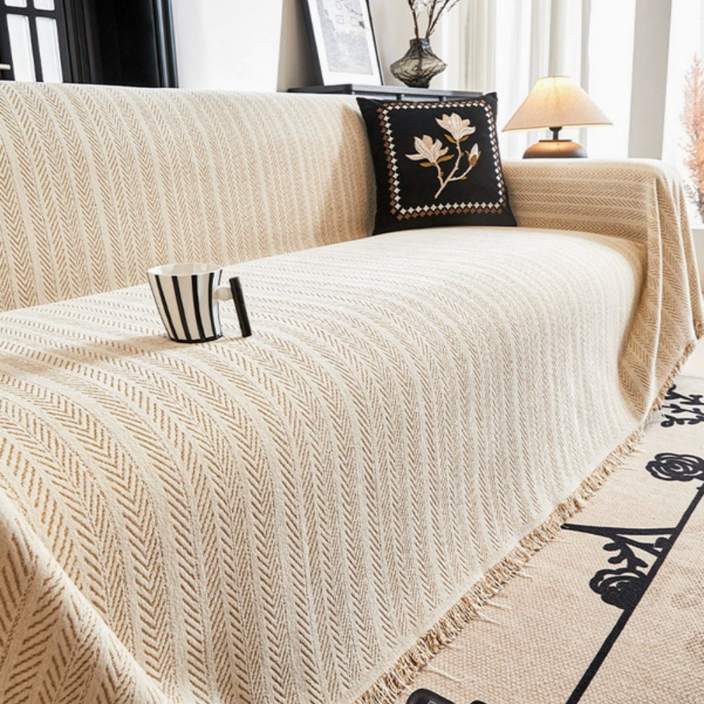 HerriLuxe Cover - Couch Cover - Herringbone Style - Chenille Tassel Comfort