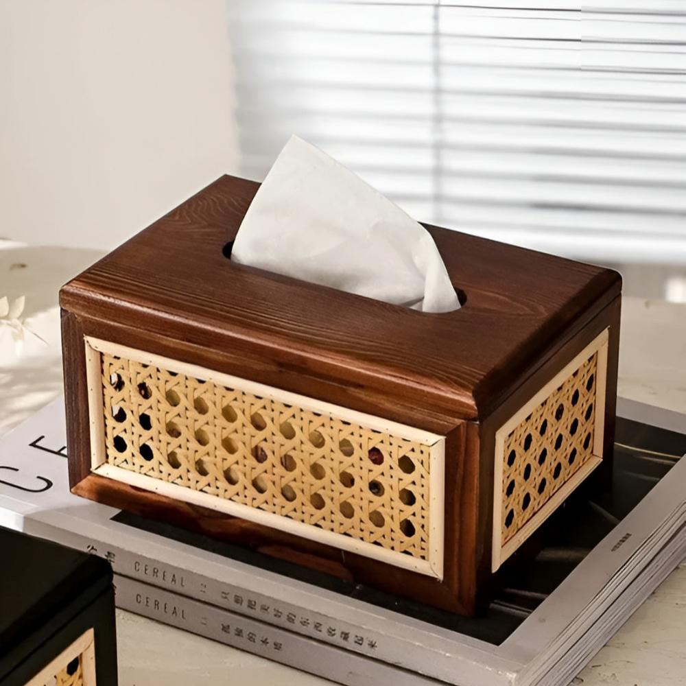 Jade Japandi Tissue Box Cover - Rattan and Wood, Minimalist Design 2