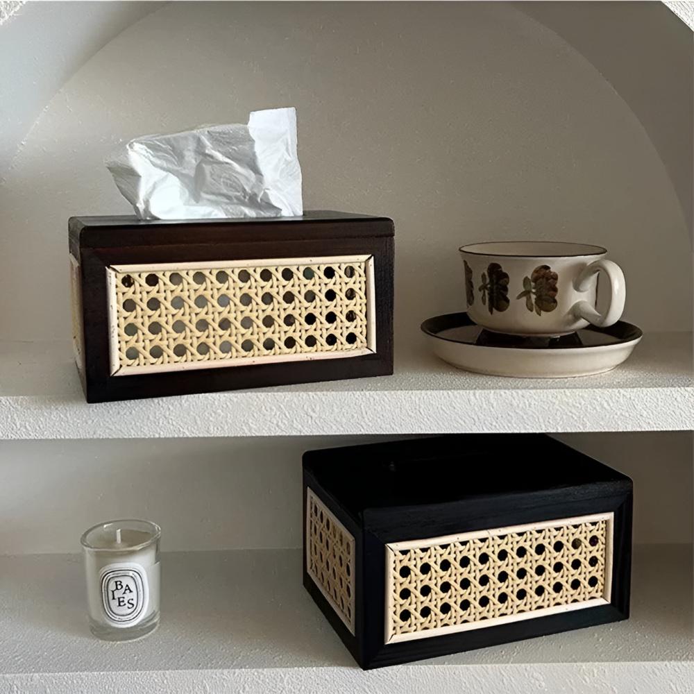 Jade Japandi Tissue Box Cover - Rattan and Wood, Minimalist Design 3