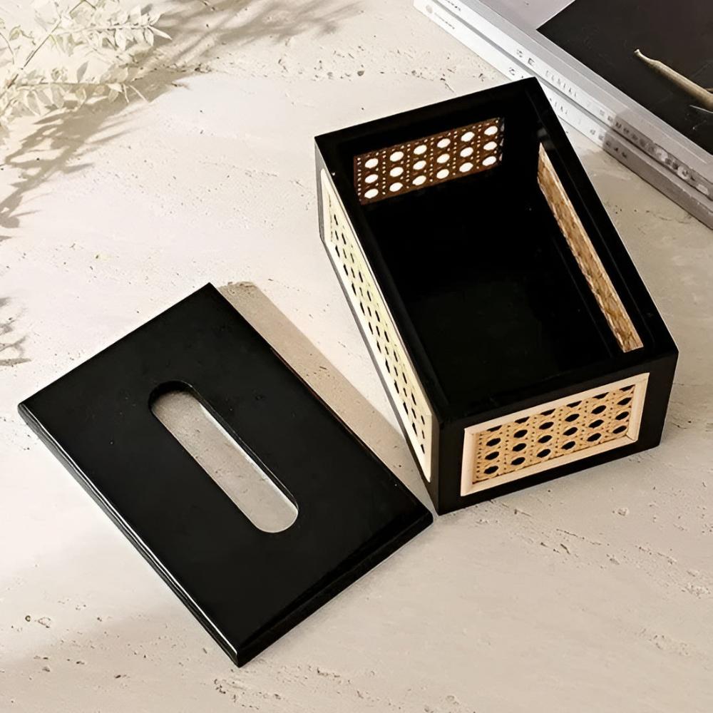 Jade Japandi Tissue Box Cover - Rattan and Wood, Minimalist Design 5