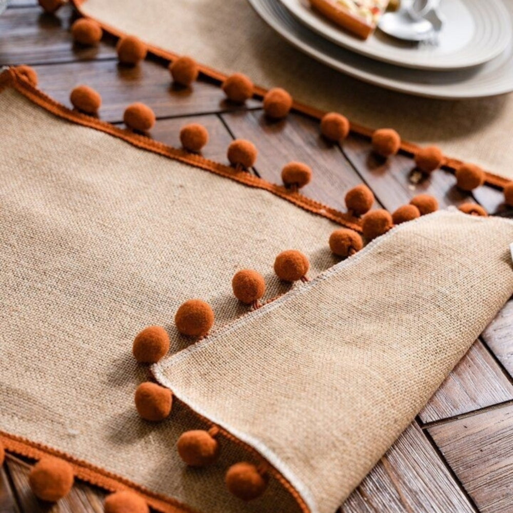 Juno Table Runner - Jute with Orange Pom-Pom Trim, Bohemian Style for Fall Decor 3