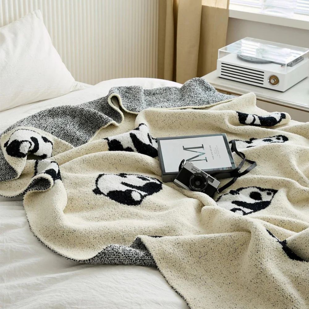 Kora Throw Blanket - Cotton Jacquard Knit, Cozy Panda Design 3