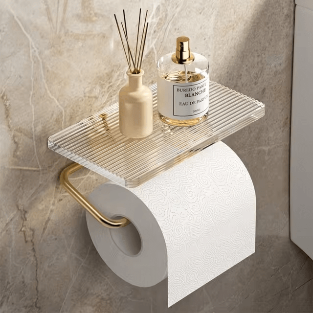 Korin Toilet Paper Holder Stand - Wall-Mounted Metal with Integrated Shelf, Gold or Silver Finish 0