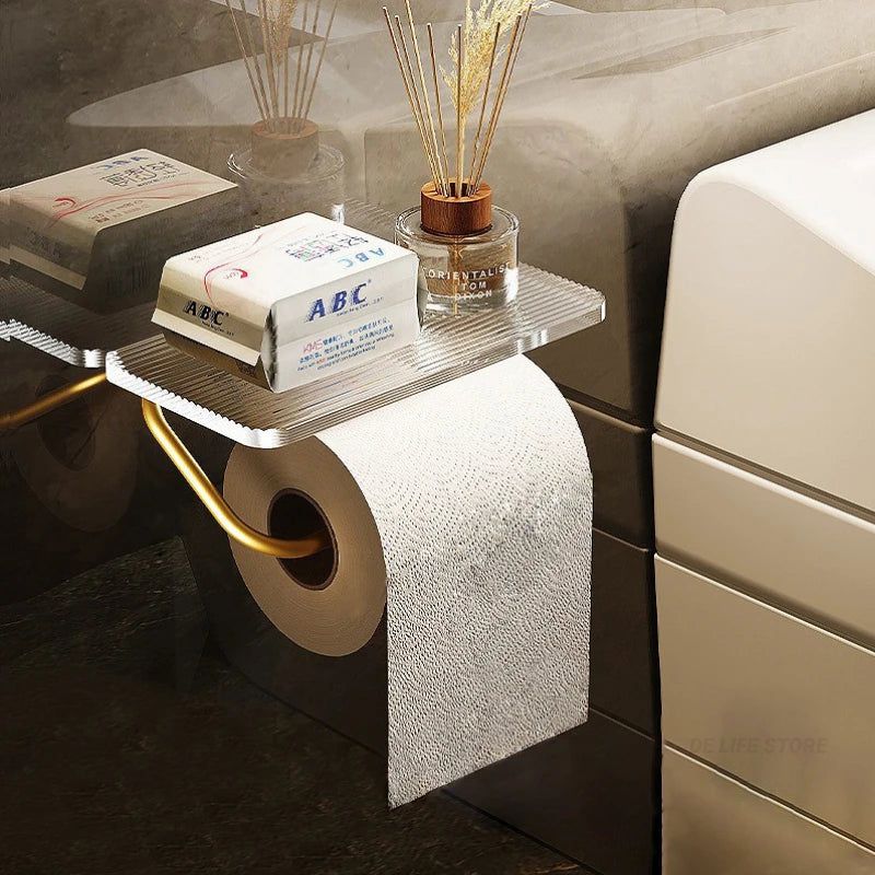 Korin Toilet Paper Holder Stand - Wall-Mounted Metal with Integrated Shelf, Gold or Silver Finish 1