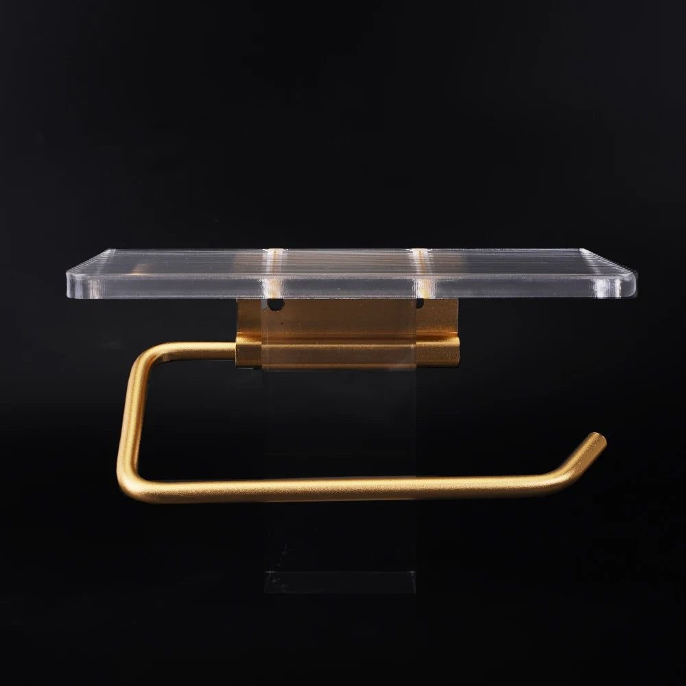 Korin Toilet Paper Holder Stand - Wall-Mounted Metal with Integrated Shelf, Gold or Silver Finish 3