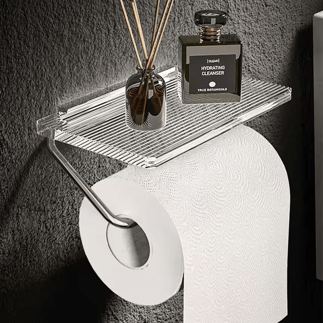 Korin Toilet Paper Holder Stand - Wall-Mounted Metal with Integrated Shelf, Gold or Silver Finish 4