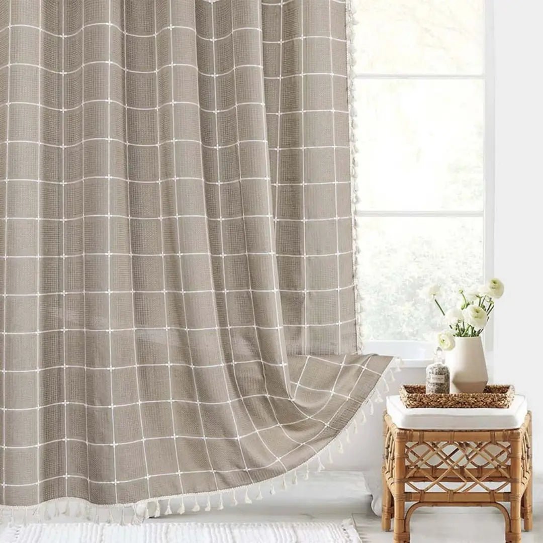 Lino Shower Curtain - Waterproof Linen with Tassels, Includes Curtain Hooks 0