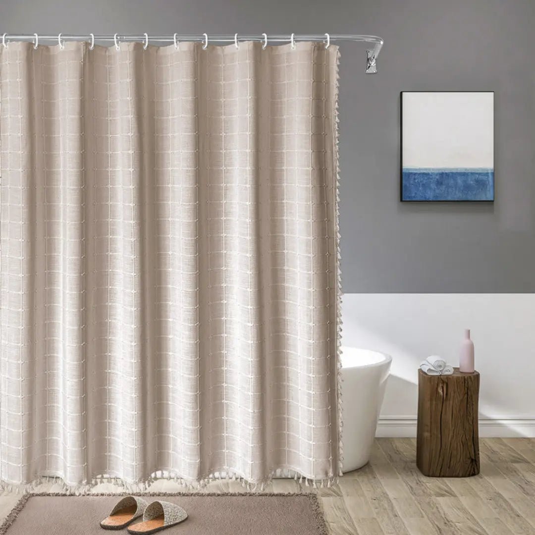 Lino Shower Curtain - Waterproof Linen with Tassels, Includes Curtain Hooks 1