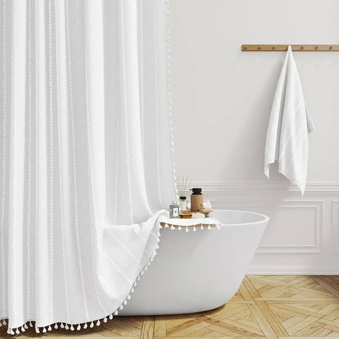 Lino Shower Curtain - Waterproof Linen with Tassels, Includes Curtain Hooks 6