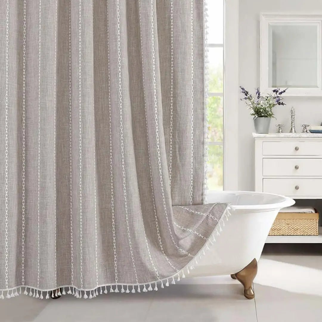 Lino Shower Curtain - Waterproof Linen with Tassels, Includes Curtain Hooks 8