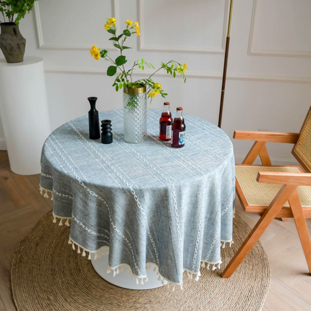 Liora Round Table Cloth - Microfiber, Embroidered Leaf Design 9