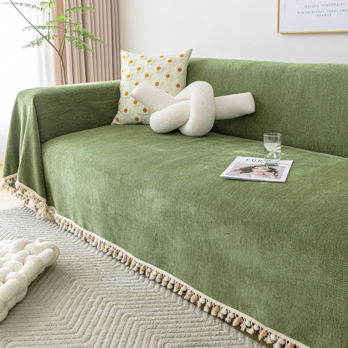 Liora Sofa Cover - Durable Herringbone Slipcover, Fringe Design 0