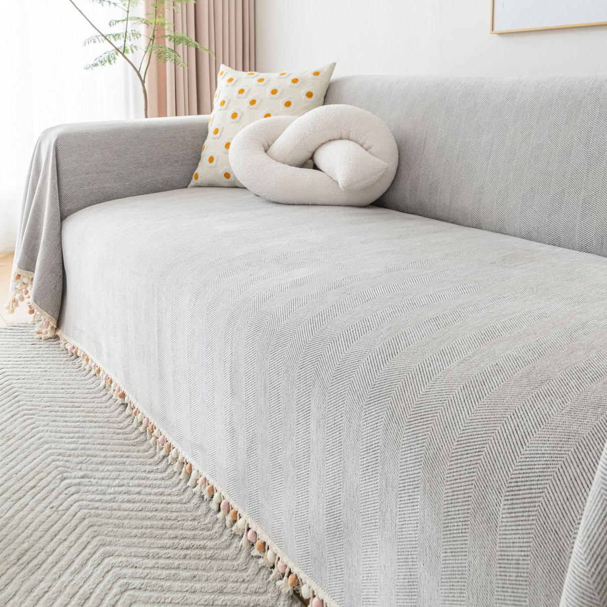 Liora Sofa Cover - Durable Herringbone Slipcover, Fringe Design 1
