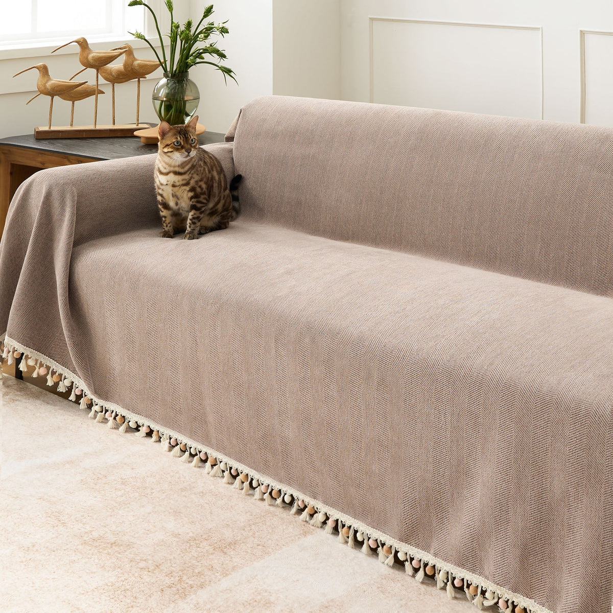 Liora Sofa Cover - Durable Herringbone Slipcover, Fringe Design 11