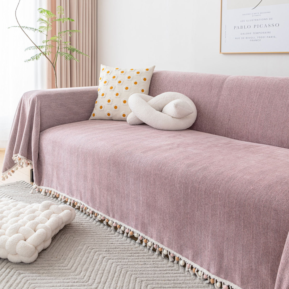 Liora Sofa Cover - Durable Herringbone Slipcover, Fringe Design 13