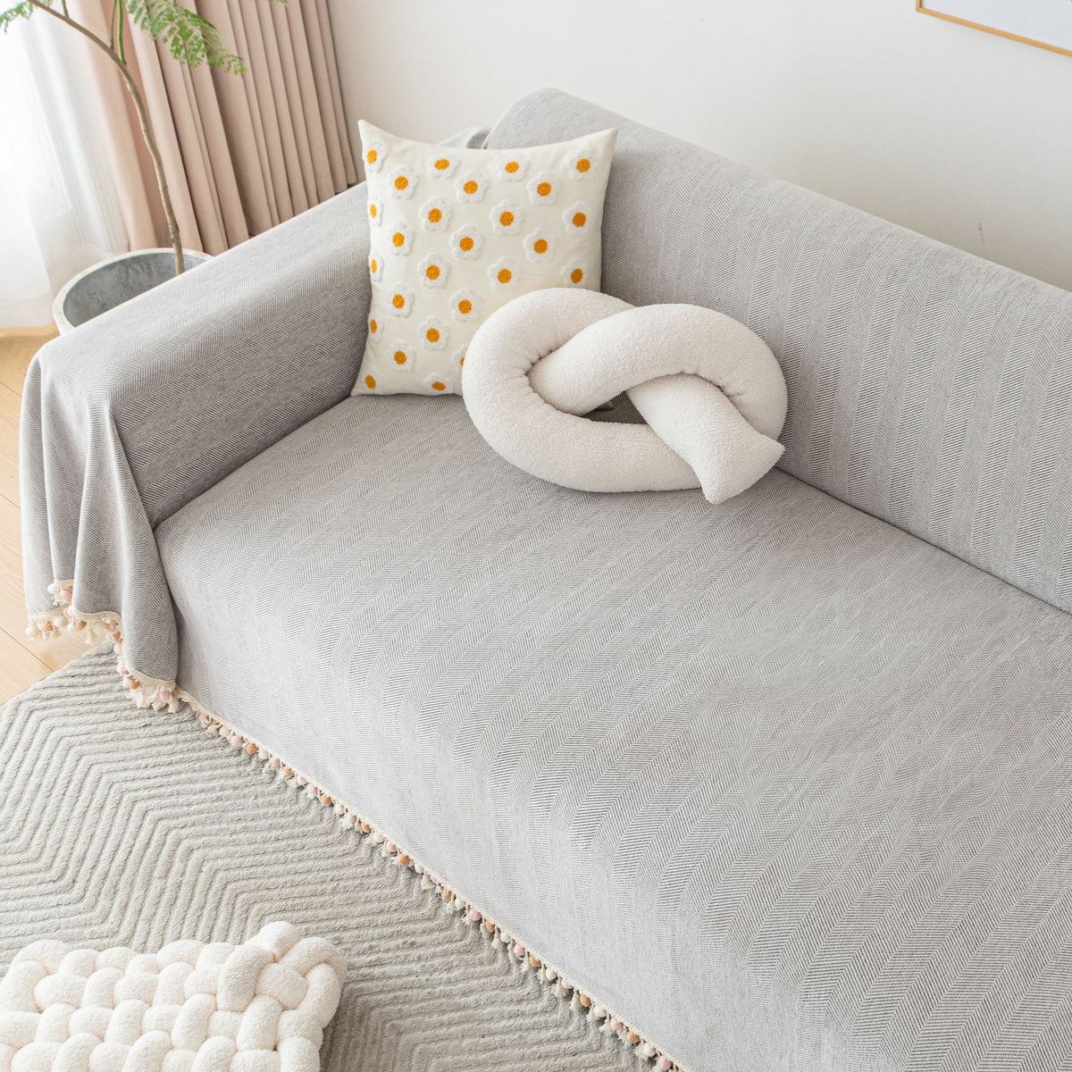Liora Sofa Cover - Durable Herringbone Slipcover, Fringe Design 2