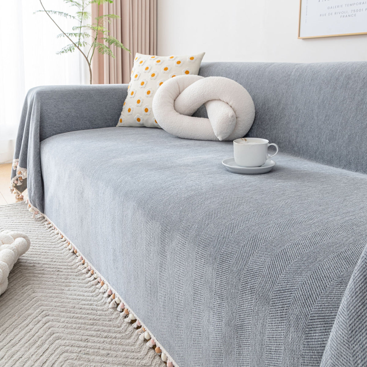 Liora Sofa Cover - Durable Herringbone Slipcover, Fringe Design 6